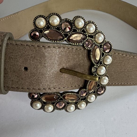 Western Leatherock Cowgirl Tan Belt Rhinestones Bling Crystals Pearl Western L main image 13